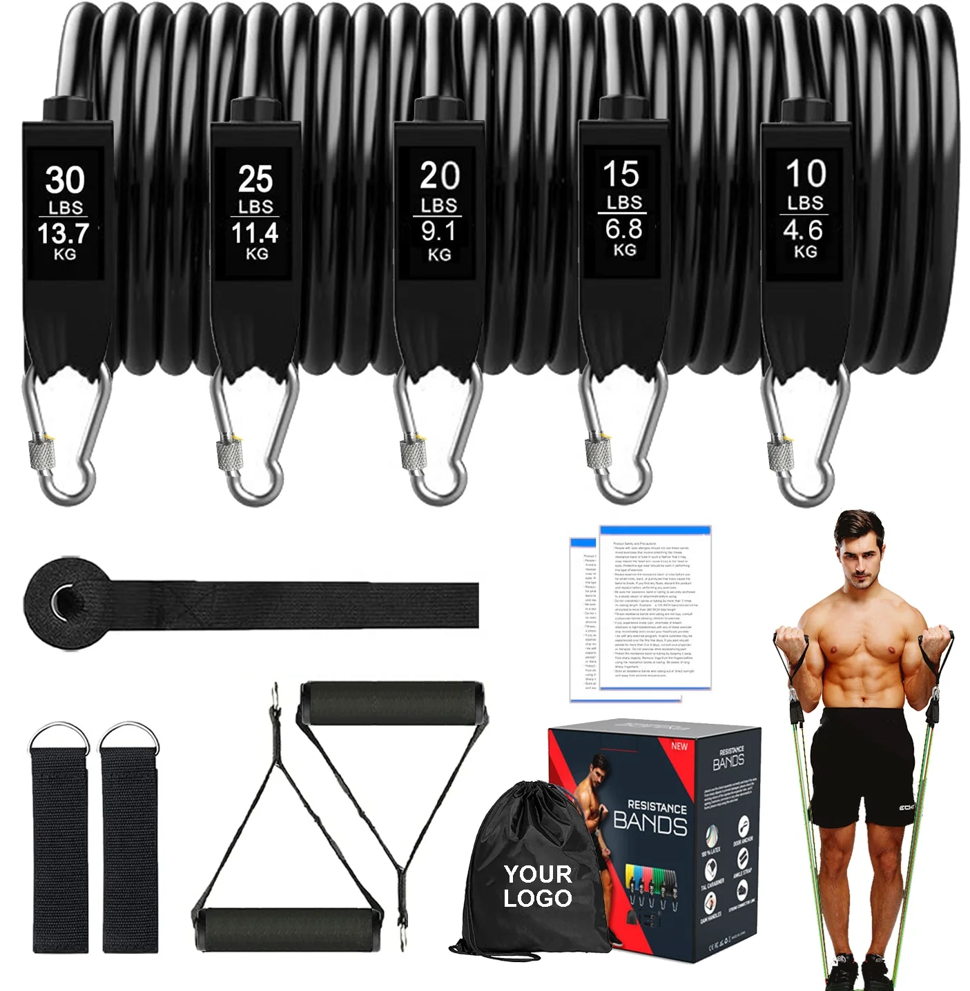 Amazon Hot Sale 250lb Black Men Heavy Latex TPE Strength Boxing Workout Muscles Resistance Ankle Thickened Tube Tubing Bands Set