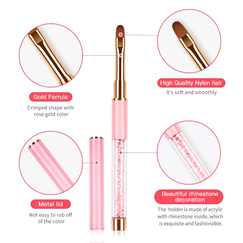 Nail Art Pink Brush Manicure Tools Custom Logo Japanese Kolinsky Hair Flat/Oval UV Gel Brush Rose Gold  With Crystal Handle