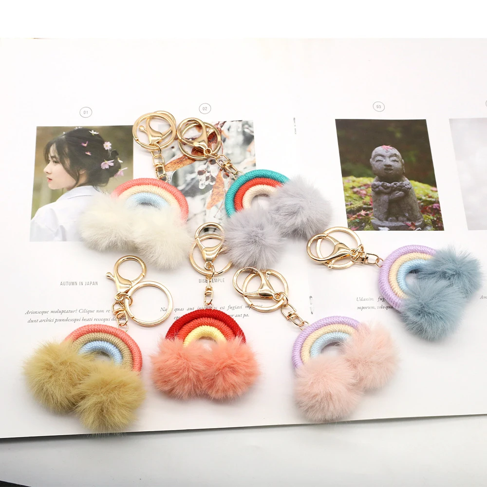 Plush Pom Keychain Metal Keychain Rainbow Hot Sale Wholesale Fashion Shape Handwoven Cotton Gift Customized Logo Silicone Alloy