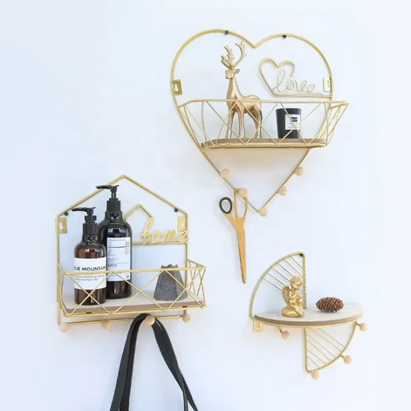 PUSELIFE living room furniture bedroom bathroom hanging storage decoration rack wooden metal iron hexagonal floating wall shelf