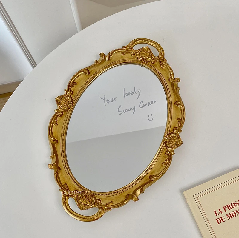 French retro makeup mirror court style embossed-gold mirror ins style desktop vanity mirror