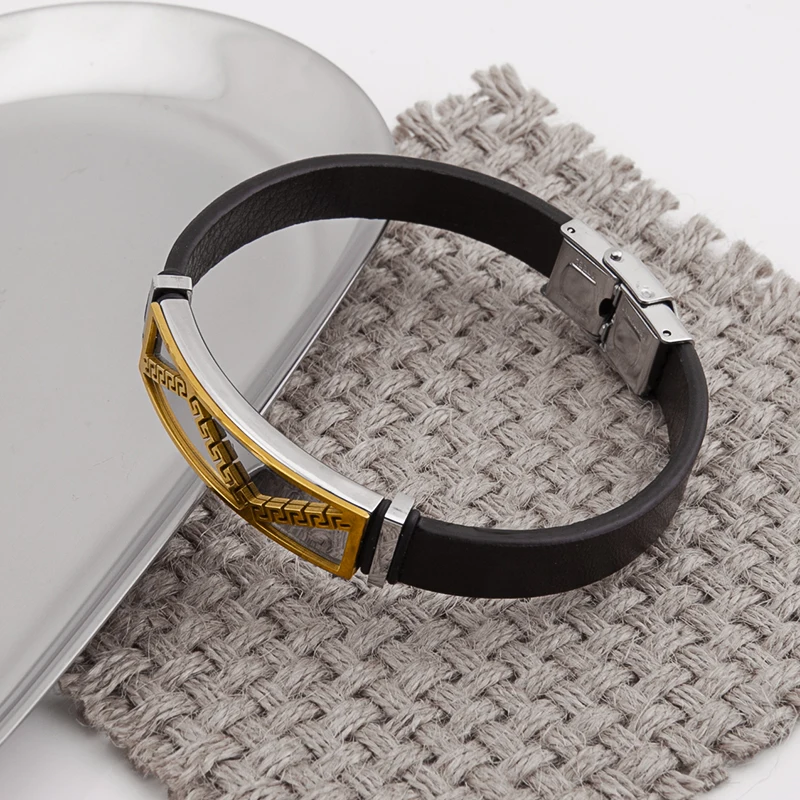  Punk high quality leather bracelet jewelry Custom LOGO stainless steel gold plated bangle for