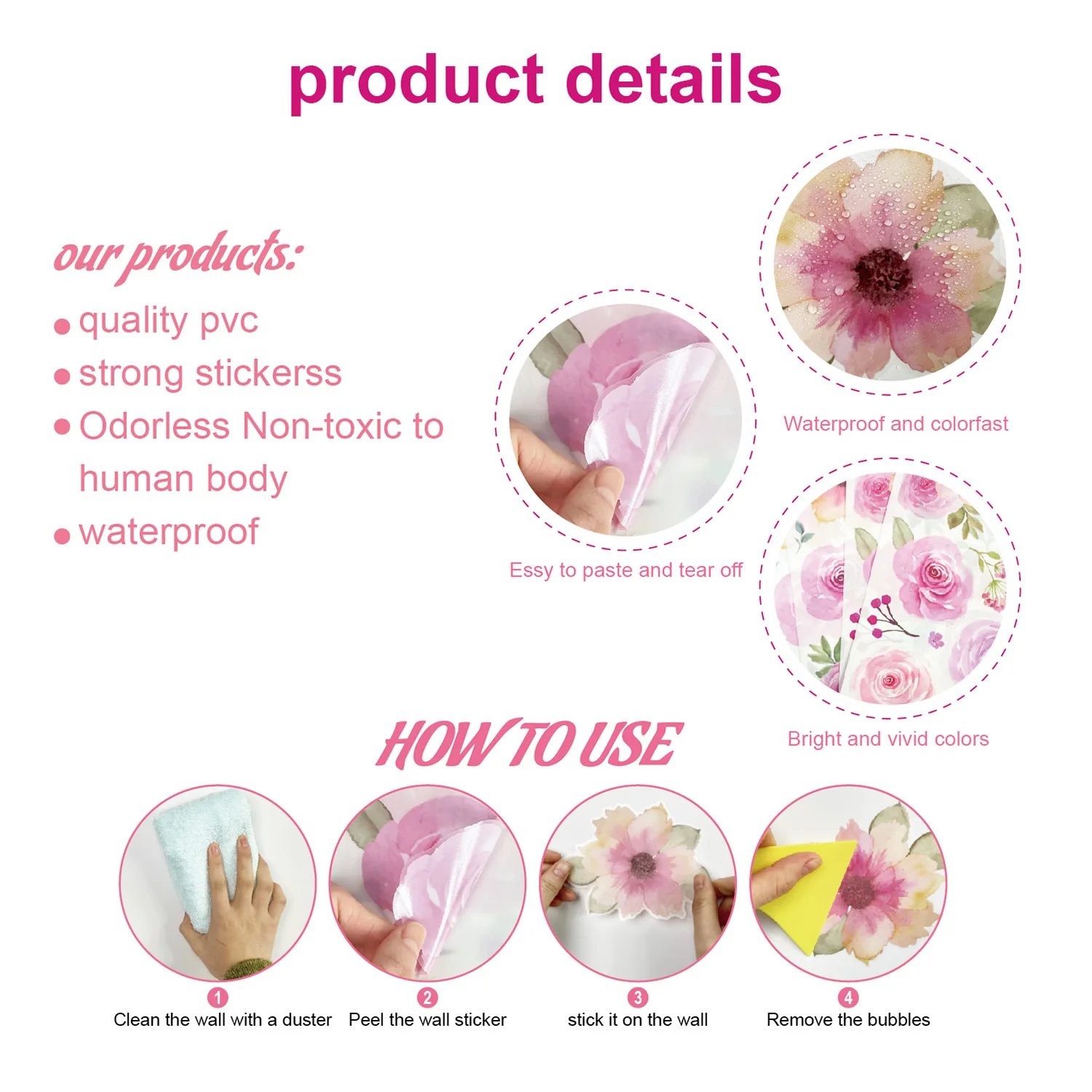 MZL Pink Floral Wall Stickers Watercolour Girl Bedroom Living Room Wedding Party Floral Decoration Self Adhesive Wallpaper