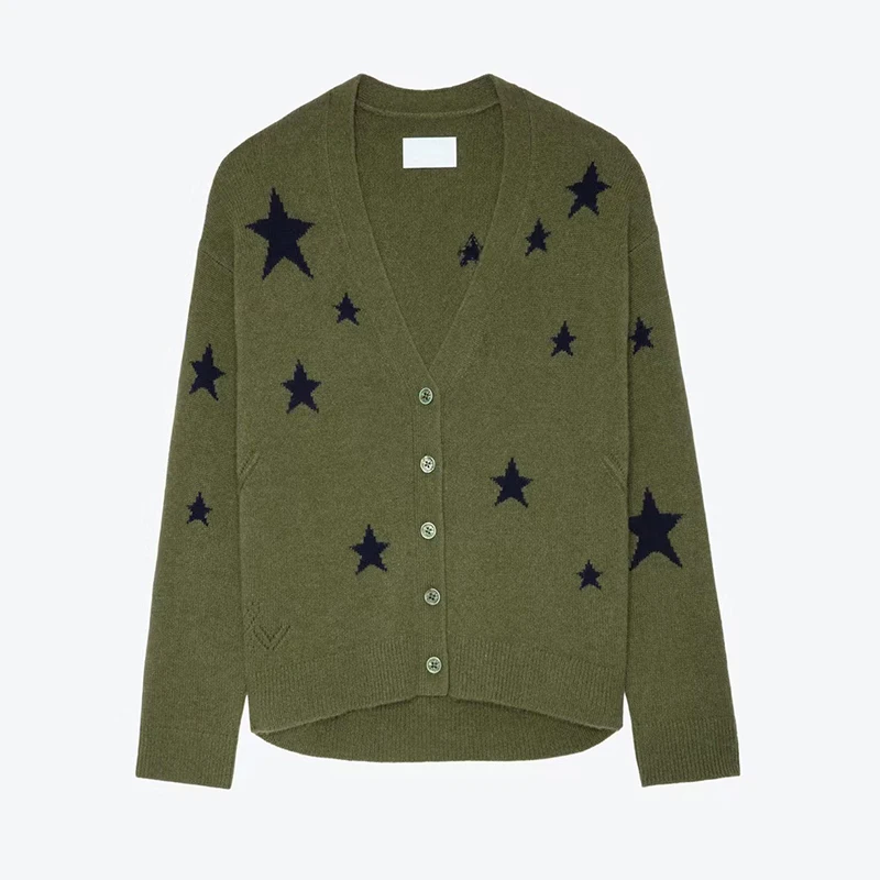 Factory Custom 12GG Star Pattern Warm Long Sleeves Cardigan Jacquard Sweaters Casual Knit Button Cardigan Coat Women Sweater