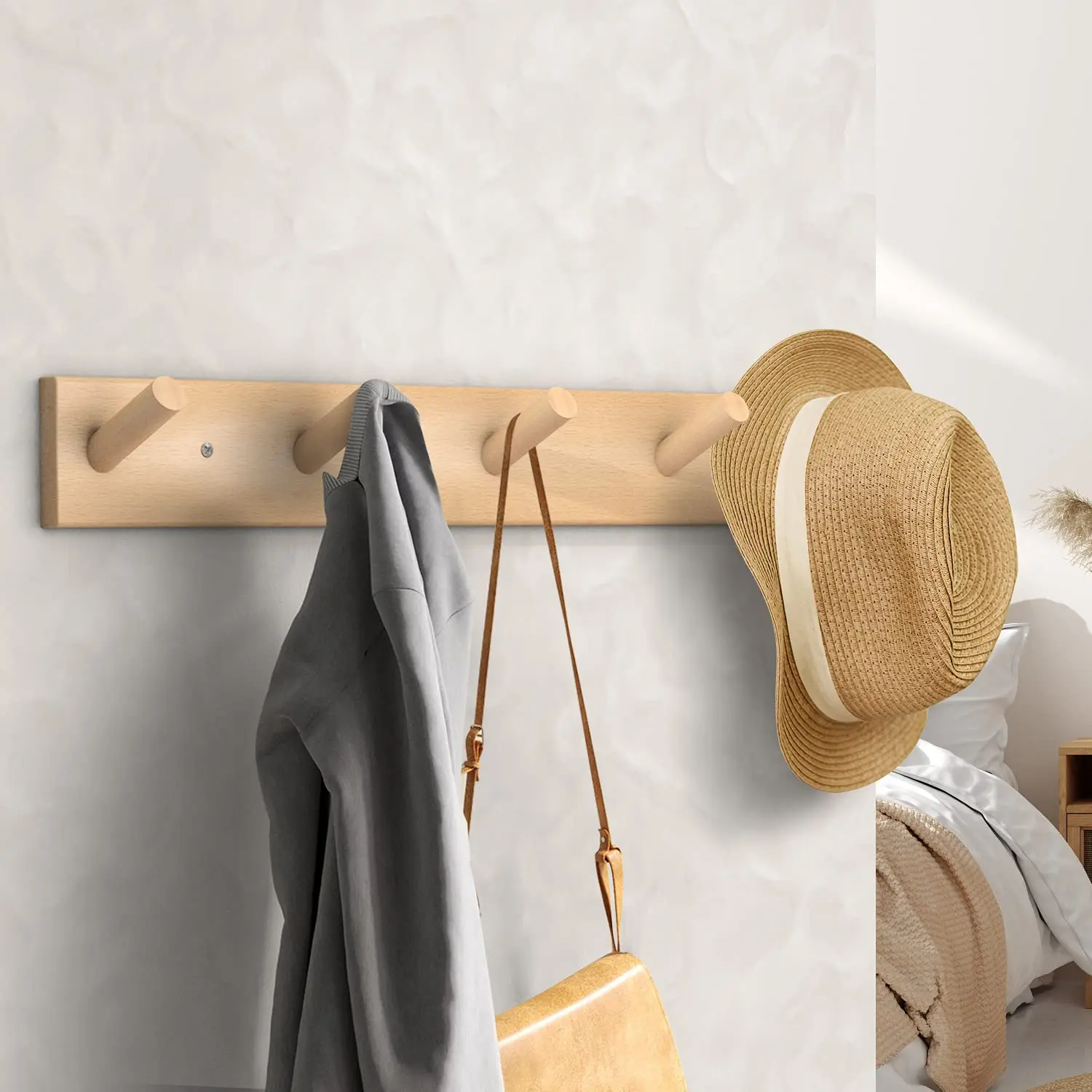 Wooden Wall Mounted Coat Rack, Natural Wood Duty Coat Hooks with 5 Pegs Wall Hooks