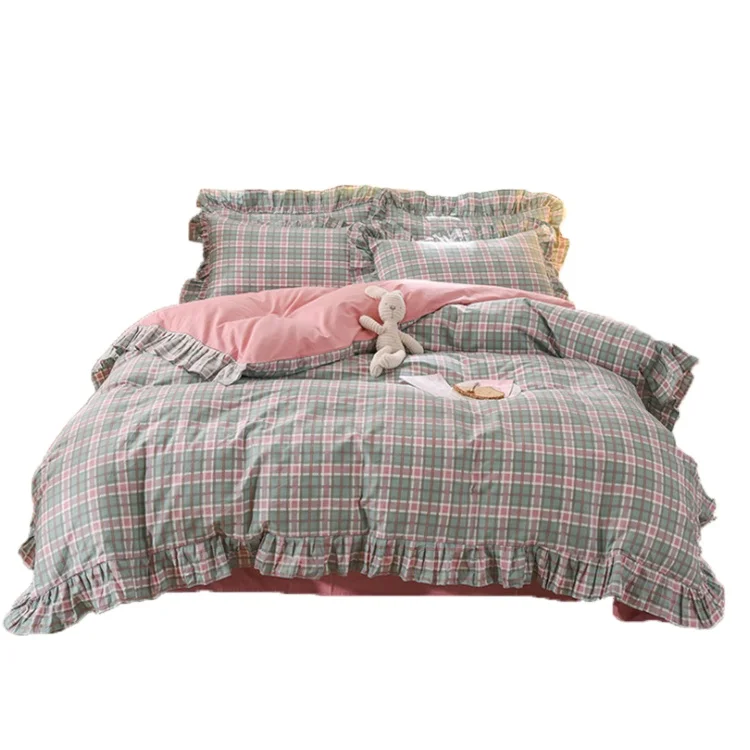 Pure cotton double Plaid lace cotton Ruffle simple Nordic four piece Bedding Set
