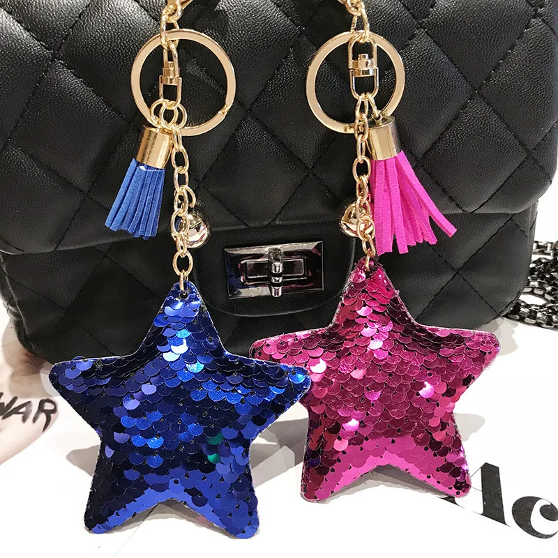 New arrival factory price double sided sequins star bling sparkling promotional car keychain