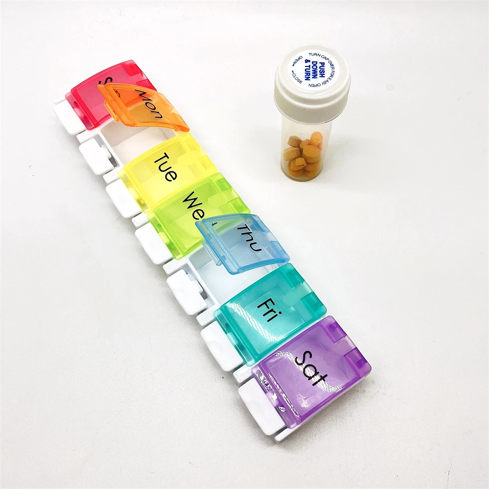 factory plastic rainbow 7 day travel pill box weekly BPA free factory custom language Germany Russian vitamin organizer