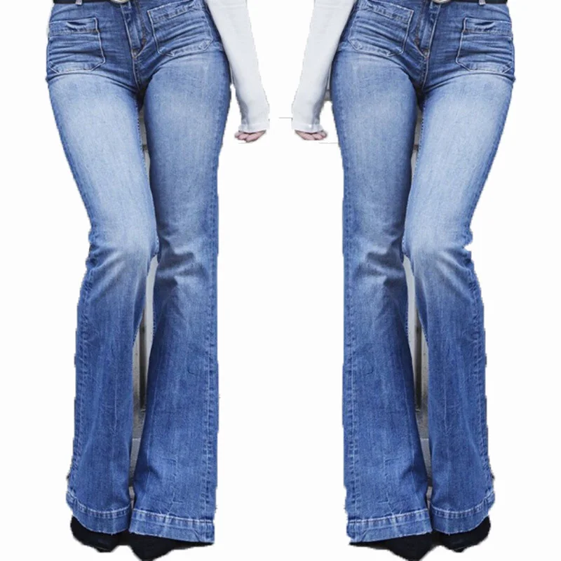 Amazon Hot Selling Fashion Trousers Women Slim Fit Tall Waist Pockets Tight Bell Bottom Jeans