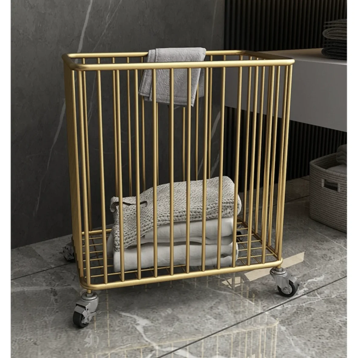 Home Bathroom Clothes Metal Laundry Hamper Deluxe Gold Color Dirty Clothes Storage Hamper  Laundry Basket With Wheels