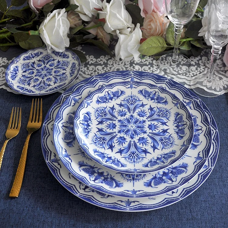 custom logo china tableware blue and white flower ceramic Dessert Plates set for wedding
