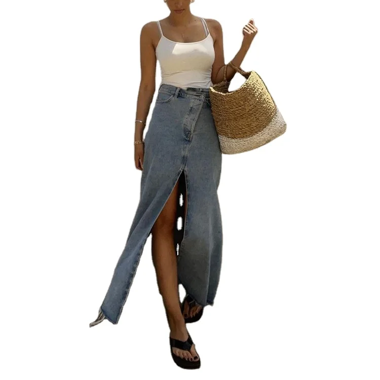 Enyami Vintage Vacation Elegant High Waist Maxi Jeans Skirt Bottom High Slit Loose Casual Chic Long Denim Skirts For Women