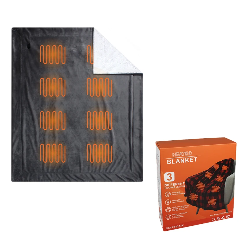 Custom Wholesale Eco-Friendly USB Rechargeable OEM Electric Heated Fleece Sherpa Blankets For Winter