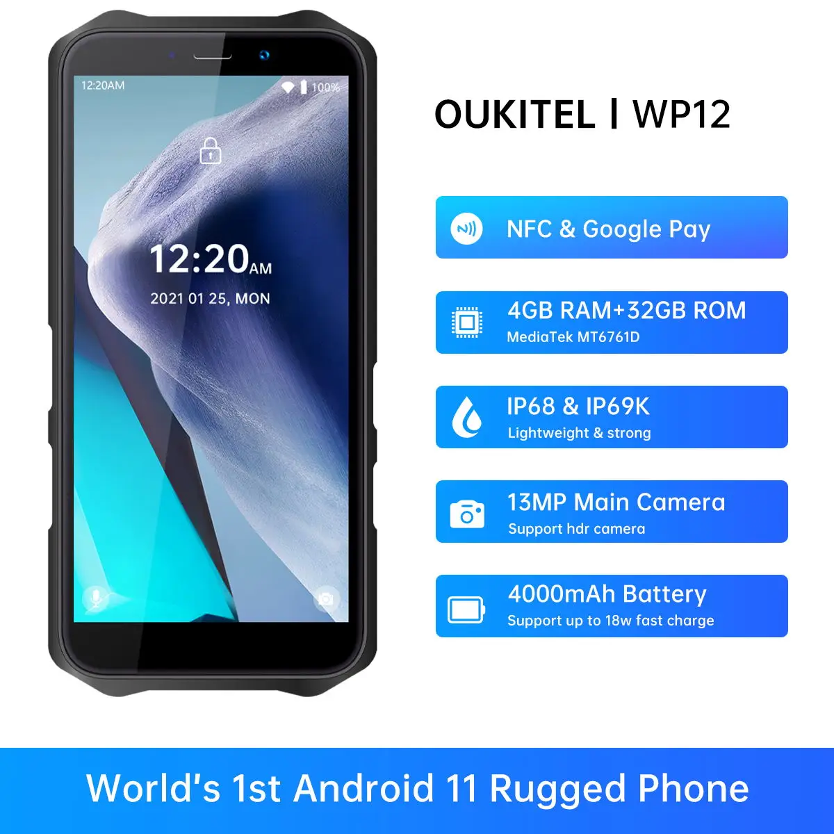 New arrival Android 11 Rugged Smart Phone OUKITEL WP12 4+32GB IP68 Mobile Phone with NFC 4G Cellphones