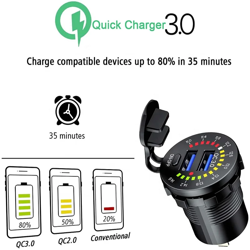 Розетка зарядная QC3.0 с двумя USB-портами водонепроницаемый вольтметр переключатель 36 Вт 6 А быстрая зарядка для автомобилей лодок мотоциклов грузовиков судов 12 В
