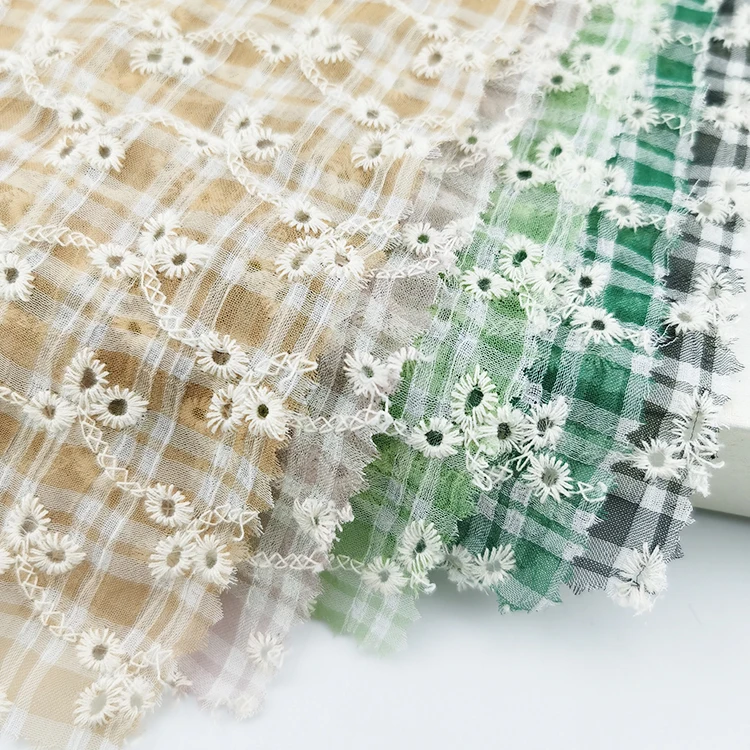 Kaiming polyester gingham eyelet flora embroidery multi color fabric