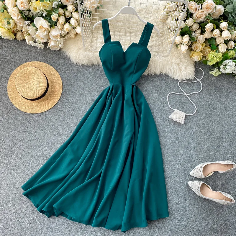 Summer V-Neck Sleeveless modest clothes Retro Solid american dress Long Female holiday fashion beautiful Casual women Dresses