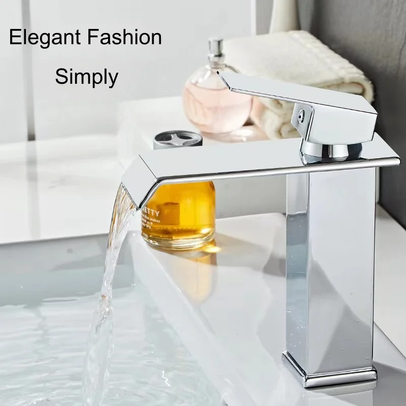 Modern Bathroom Stainless Steel Waterfall Spout Lavatory Faucet Single Handle Square Washbasin Faucet Mixer