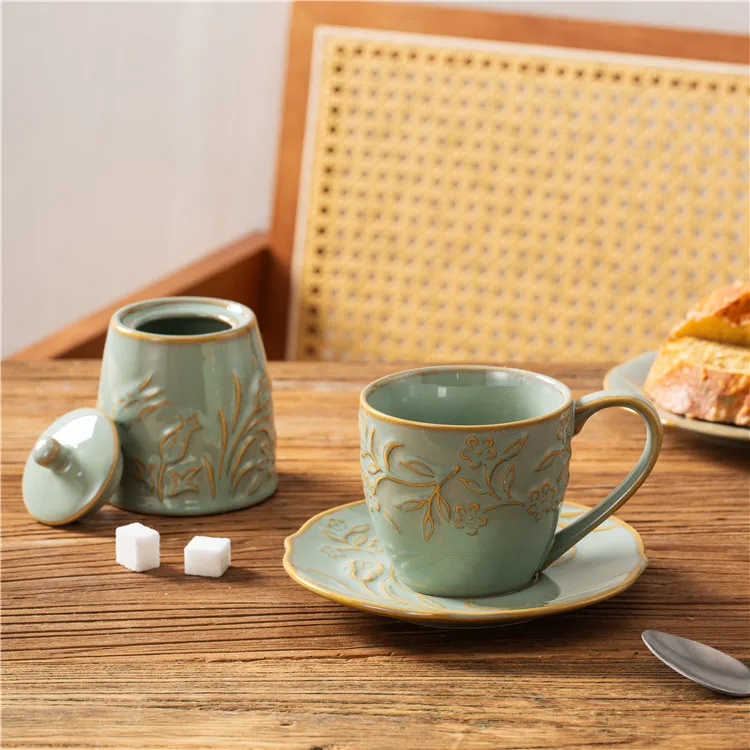 Chinese oriental luxury unique flower embossed vintage teapot ceramic cup saucer mug sets floral coffee and tea set