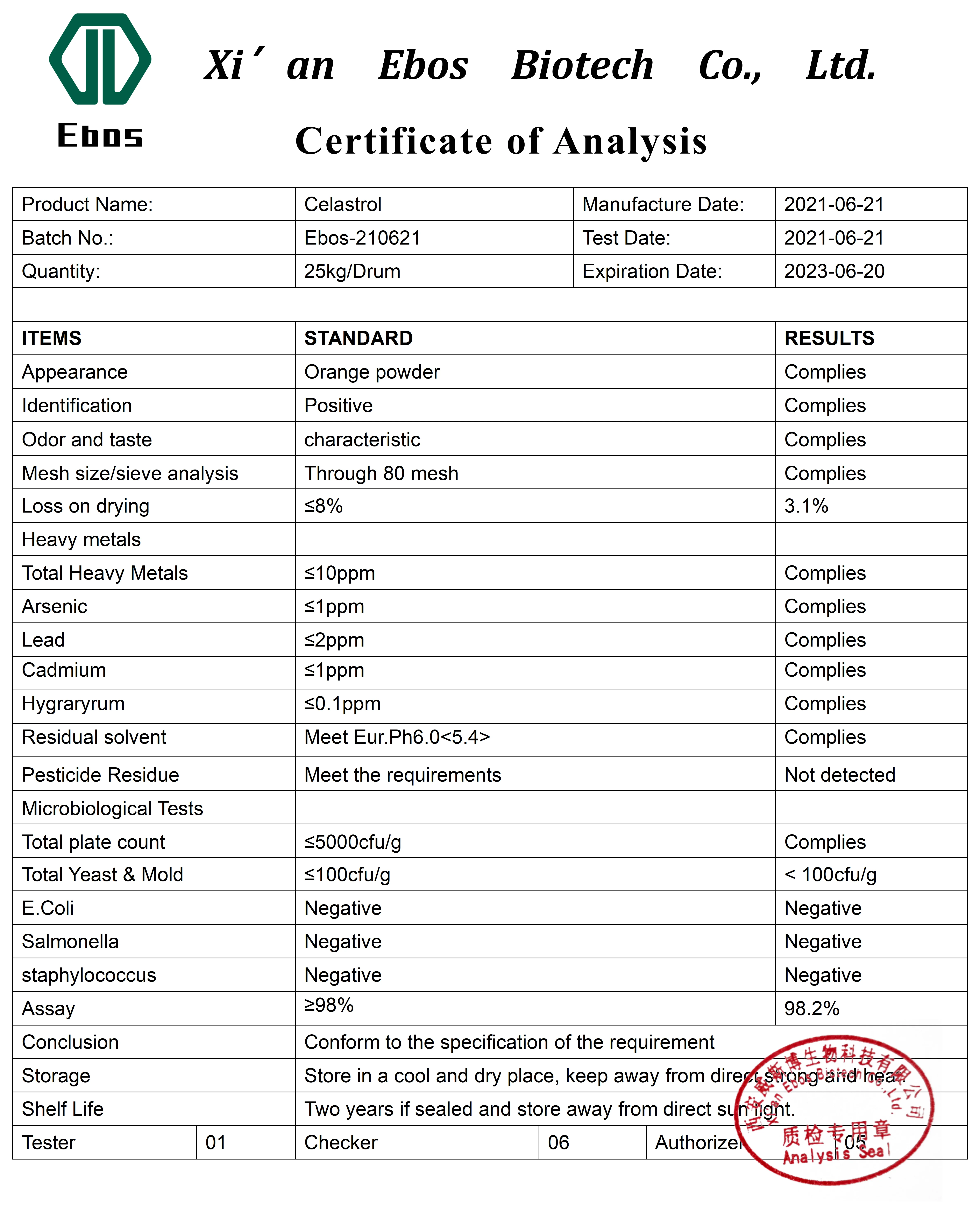 Supply 100% Natural Tripterygium wilfordii Celastrol powder CAS 34157-83-0