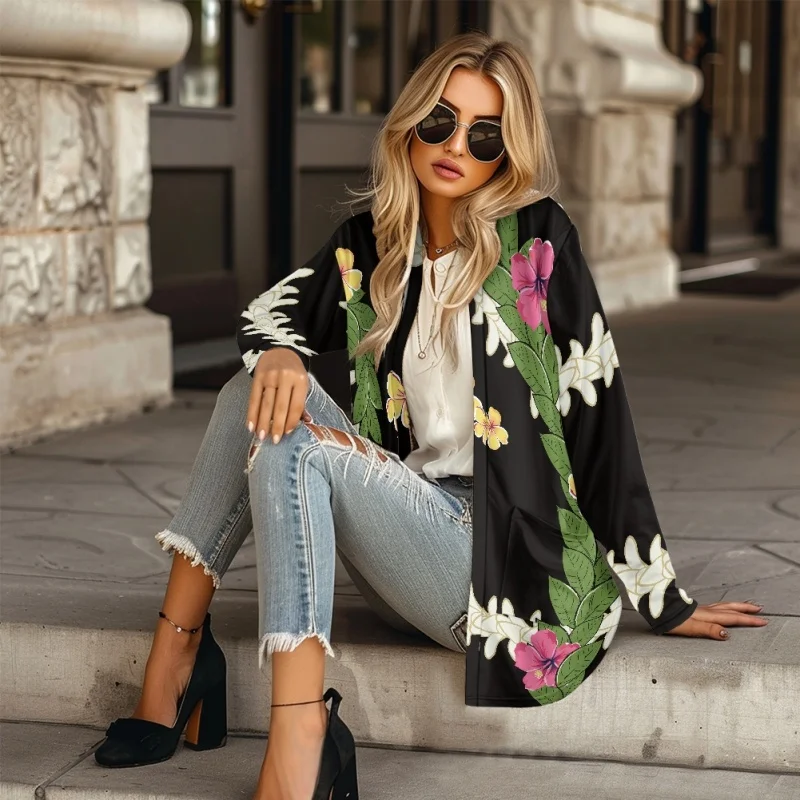 Drop Ship Women Cardigan Jacket MOQ 1 Hibiscus Puakenikeni Hawaii Long Sleeve Fall Casual Coat Outerwear Female Clothes