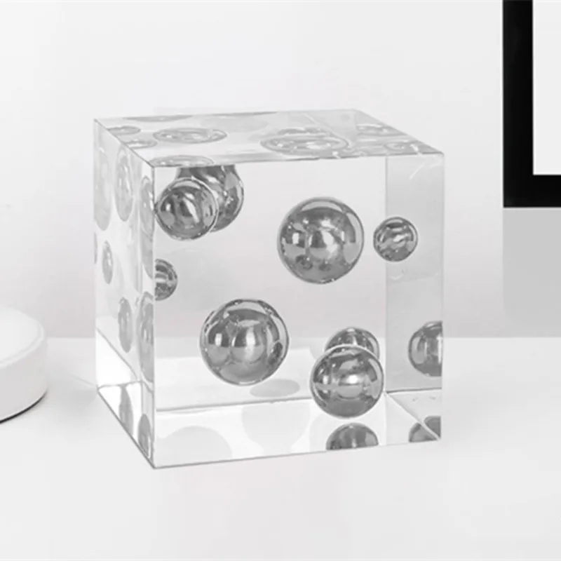 Silver Balls Inside Square Acrylic Block Lucite Cuboid Paperweight Sphere Acrylic Cube Paperweight For Home Desktop Decoration