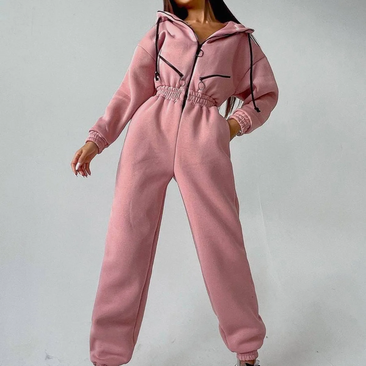 Winter Sweatshirt Hooded Jumpsuits Front Zip Long Sleeve Women Jumpsuits Playsuit Casual Thick Warm Female Jumpsuit Fall 2024