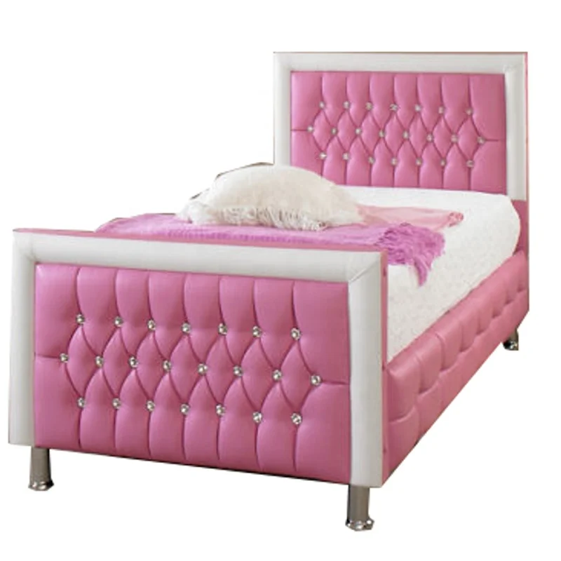 Customized  headboards luxury single size pink color  diamond girl bedroom furniture  faux soft PU leather single double bed