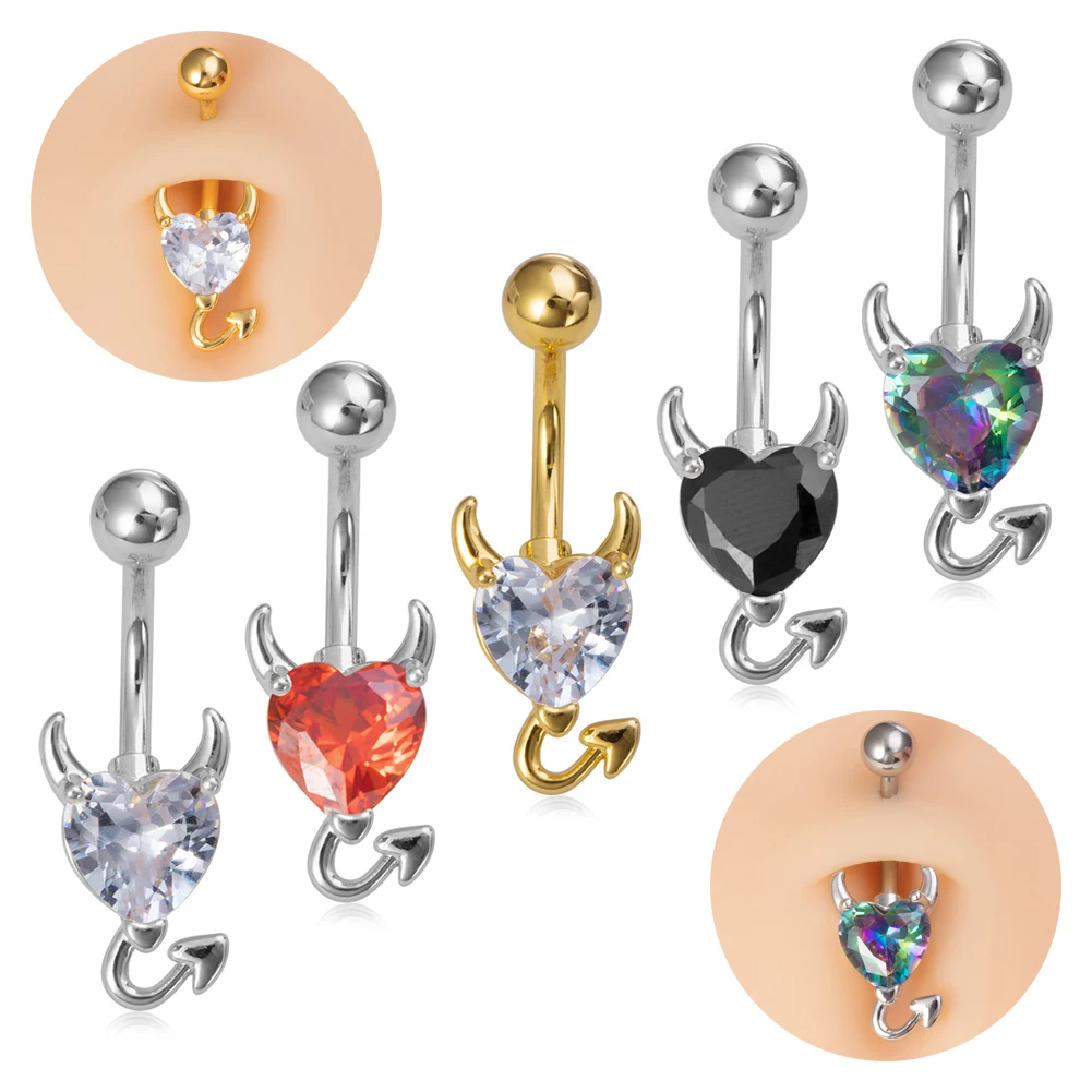OEM Colorful CZ Zircon Surgical Steel Body Jewelry Belly Piercing Devil Heart Navel Belly Button Rings