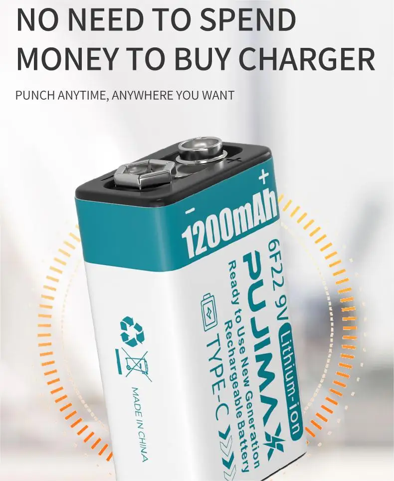 PUJIMAX Universal 4PCS 9V Rechargeable Lithium Battery 1200mAh Safe And Durable USB Li ion Batteries For Toy Karaoke Microphone