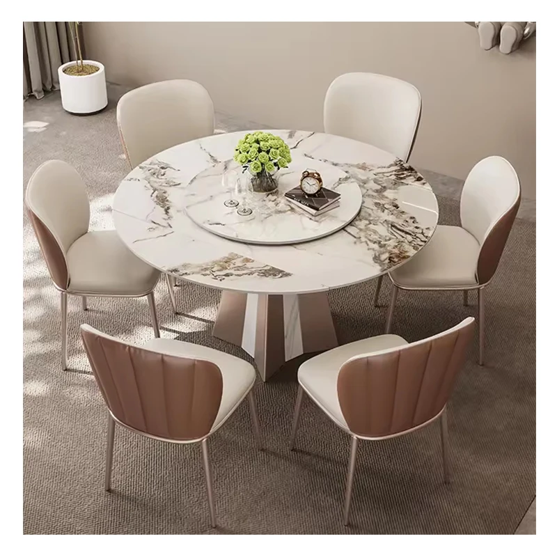 Slate foldable dining table can be rotated household round marble stainless steel dining table high-end round dining table