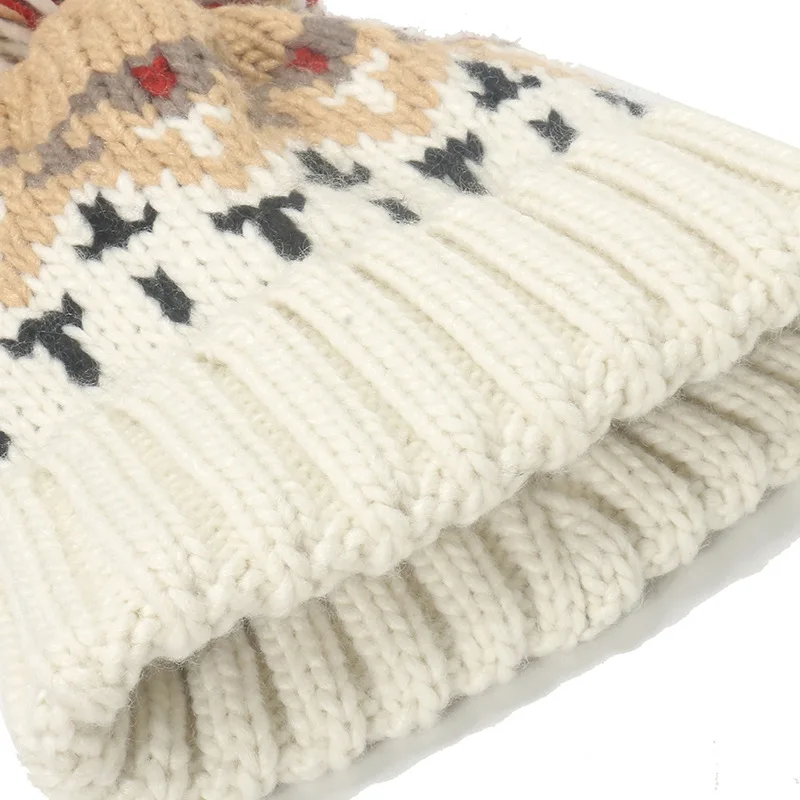 New Custom Knitted Thick Rope Winter Beanies Wholesale Jacquard Vintage Mohair Pom Pom Warm Hat For Unisex