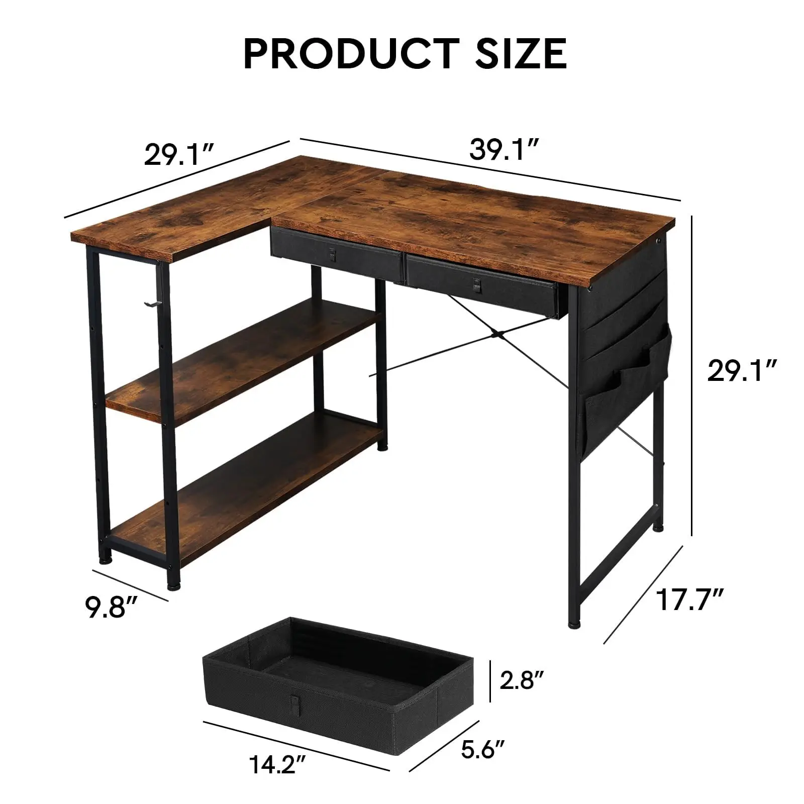 Rustic Steel L-Shaped Office Desk with Drawers Modular Small Corner Computer Workstation for Home & School Dining Storage Space