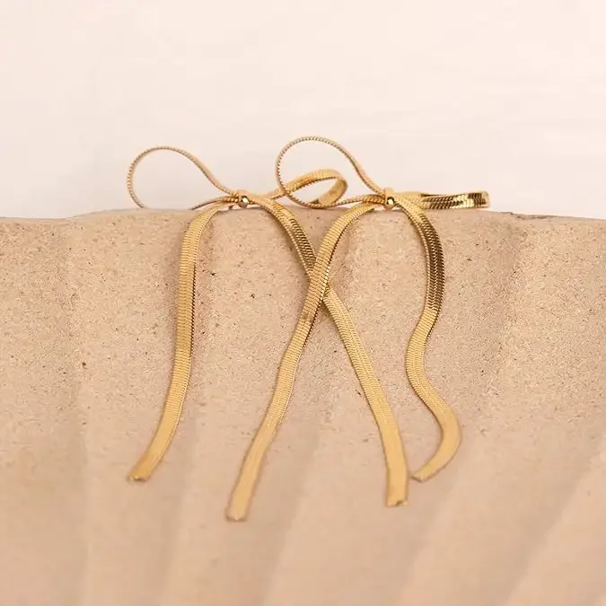 2024 New Trendy Elegant Statement Ribbon Fringe Waterfall Dangling Earrings 14k Gold Plated Bow Dangle Drop Tassel Earrings
