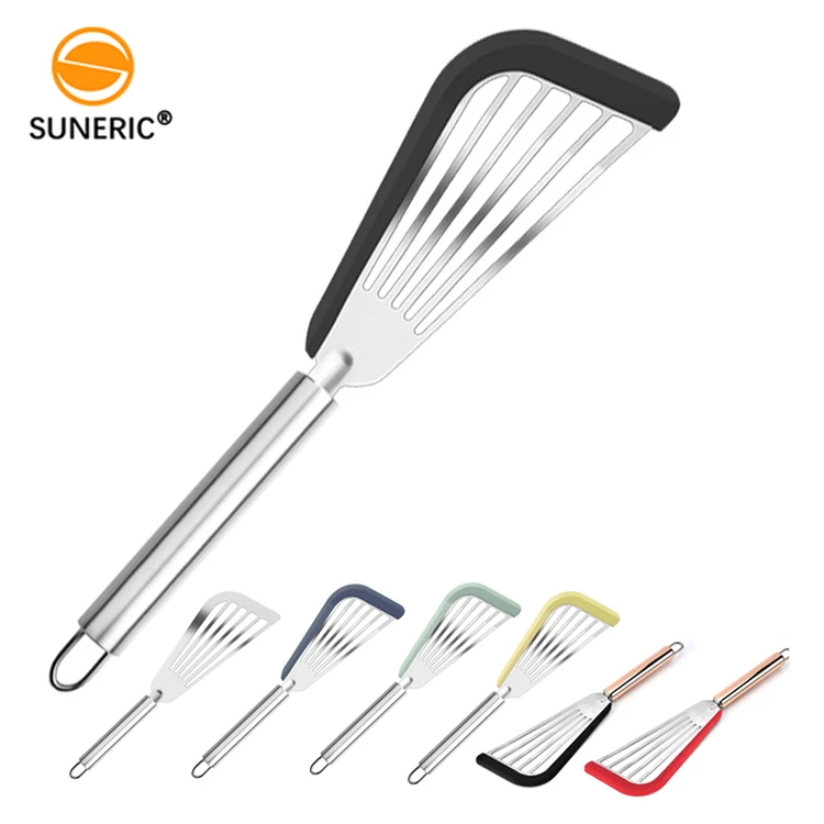 Wholesale stainless steel kitchen slotted turner fish spatula with silicone edge