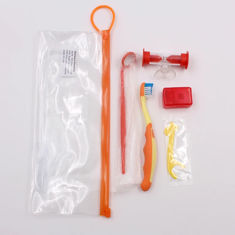 PVC Pouch Toothbrush Mirror Floss Sand Timer Teeth Cleaning Kid Dental Kit Children