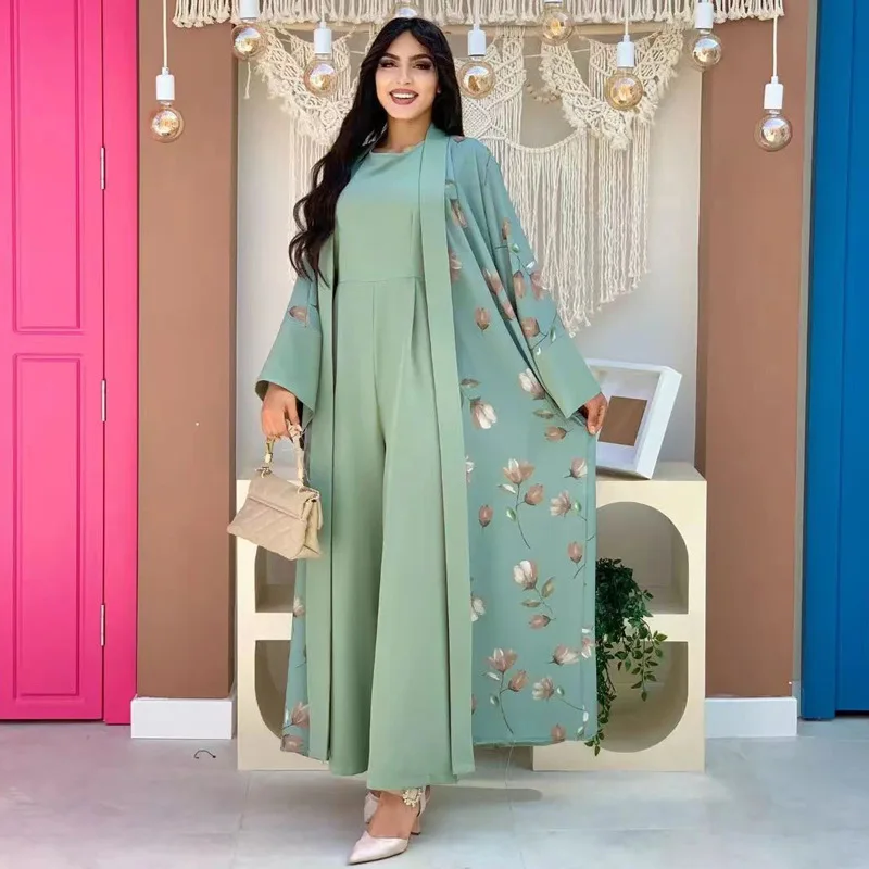 Wholesale Printed Abaya Arabic Floral Kimono Cardigan And Sleeveless Inner Slip Modest Women Muslim Dress Open Abaya Set