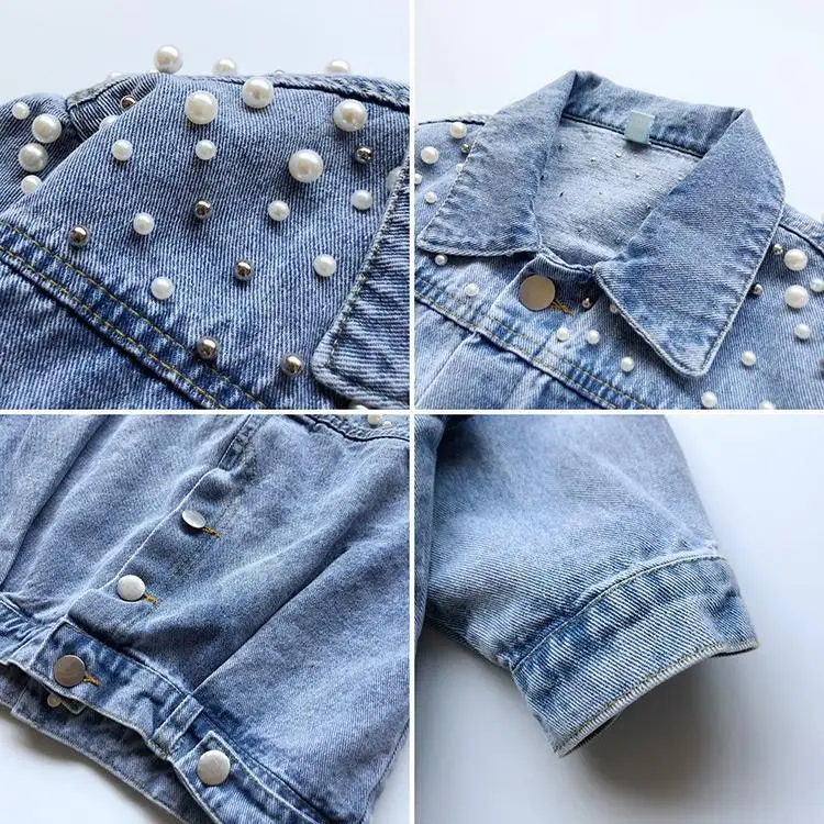 Wholesale Girls Lapel Denim Jacket Spring Autumn Pearl Decorative Children Denim Top Coat Jacket Kids Denim Jacket