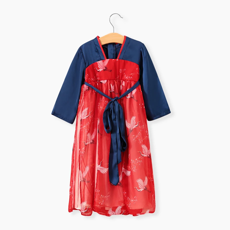 
Wholesale Chinese Traditional Girls Dress Mesh Embroidery Crane Desgin Han Dynasty Girls Green Party Dress for Summer 