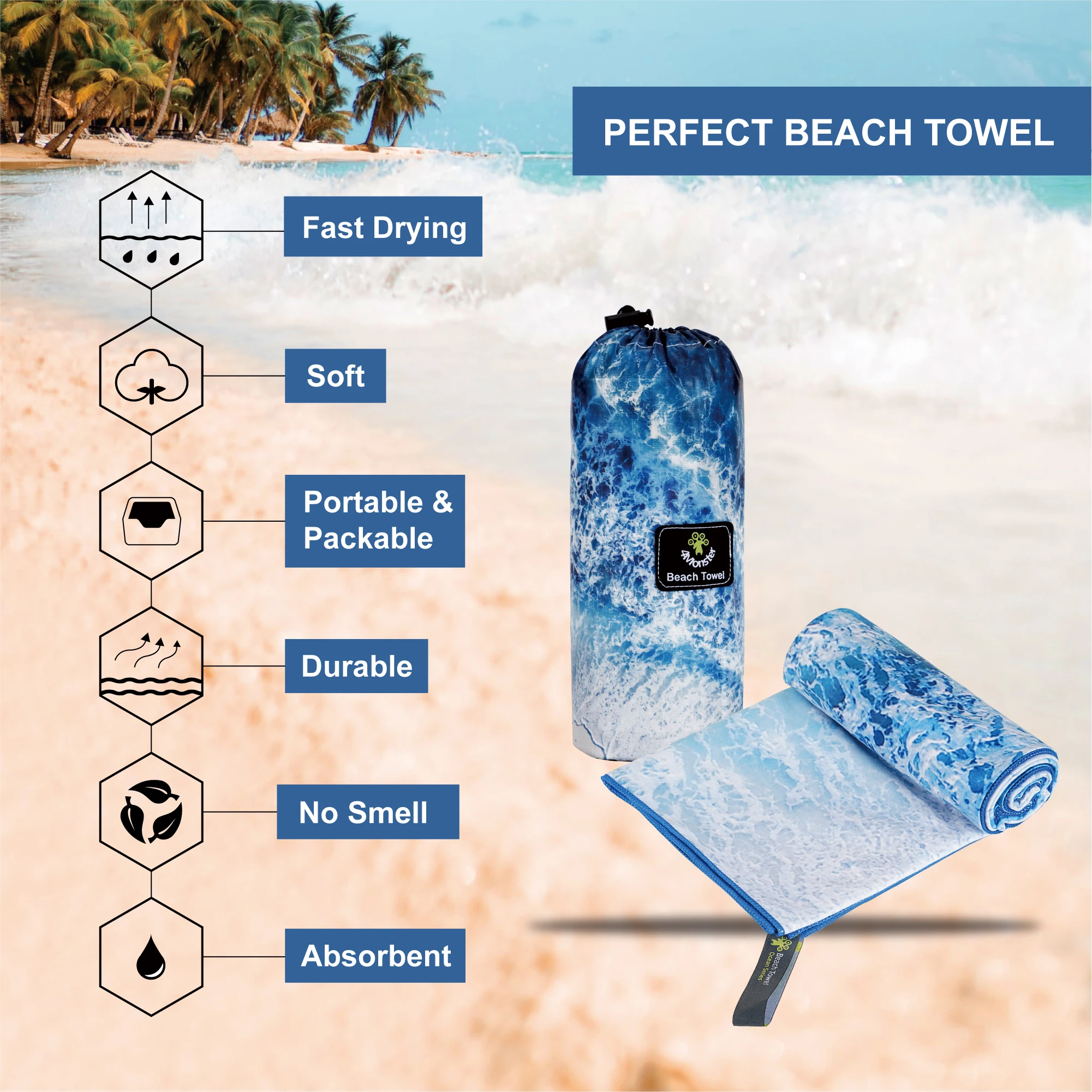 Free Design Large Size Beach Towel Sand Free Strong Absorbent  Beach Towel