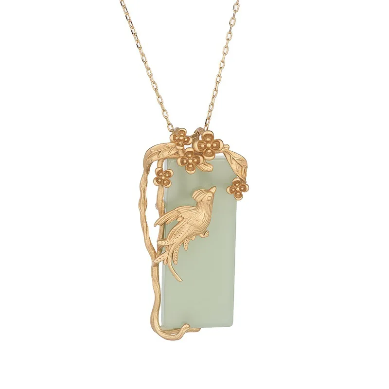 Aieryuan Copper Gold-Plated Magpie Flower Branch Square Pendant Necklace Chinese Design Alloy Jewelry for Weddings and Gifts