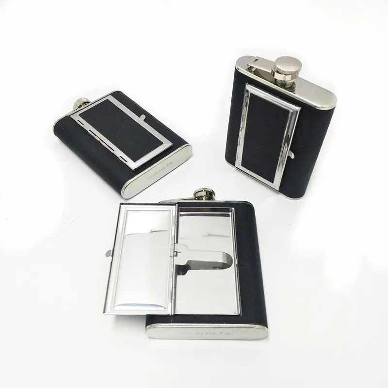 6oz black leather wrapped hip flask with bulid-in cigarette case Whiskey Flask