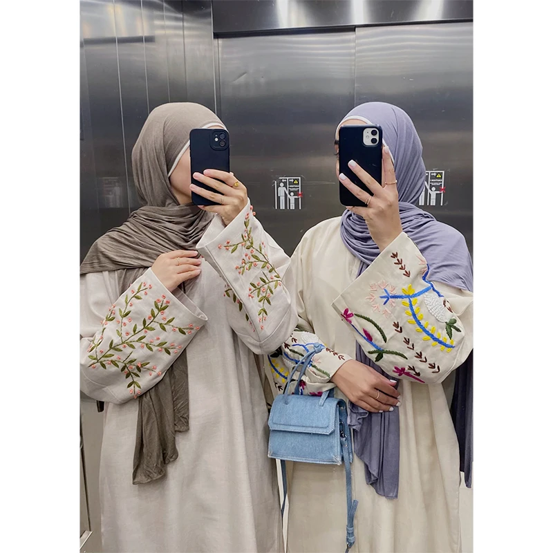 Habib embroidered European American style muslim polyester linen abaya dresses fashionable modest traditional Islamic clothes