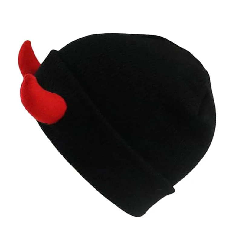 Custom Logo Hip Hop Funny Halloween Party Devil Horn Ear Adult Winter Warm Cuffed Knitted Beanie Hat