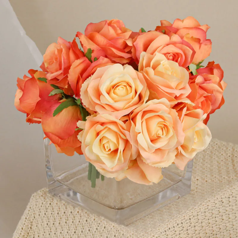 AR-629 Layout Props Artificial 20CM 6 Heads Silk Cloth Rose Bouquet Wedding Flower for Decoration