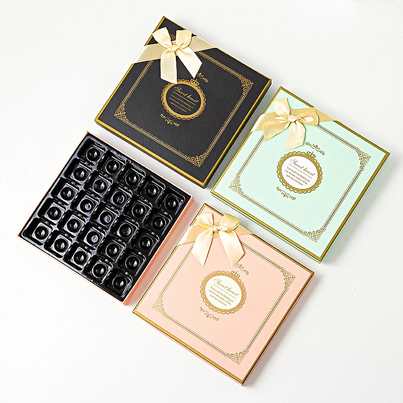 Custom-made High-end high-quality multiple color cardboard box with ribbon bow decor lid and gold stamping logo for chocolate