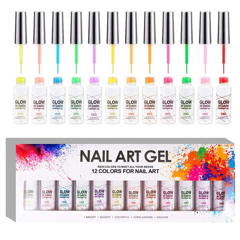 12 Colors Glow in the Dark Luminous UV Liner Gel 8ml Nail Art Gel Nail Polish Set Painting Gel for Christmas Halloween