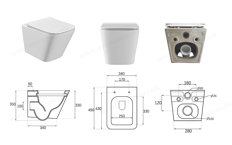 BTO Cheap style white water closet wc sanitary ware p-trap toilet washdown rimless wallhung toilet for bathroom wall hung