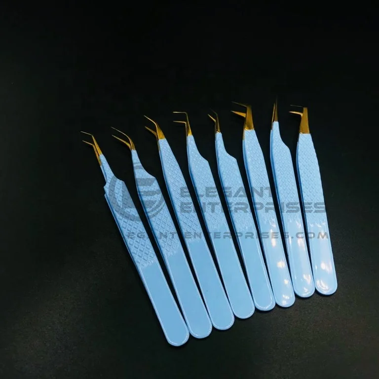 Wholesale Light Blue with Golden Tips Diamond Grip Sustainable Eyelash Extension Tweezers Japanese Stainless Steel Custom Logo