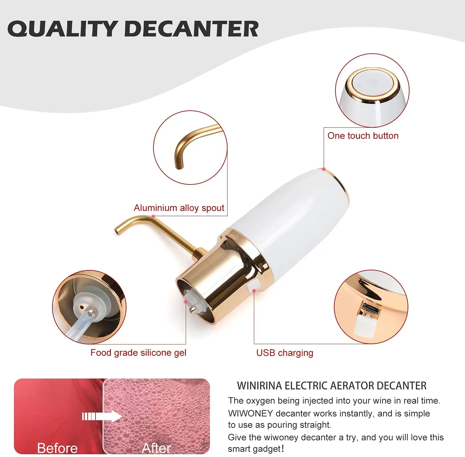 Electric Wine Aerator Pourer Automatic Smart Decanter Dispenser Rechargeable with Micro USB Cable
